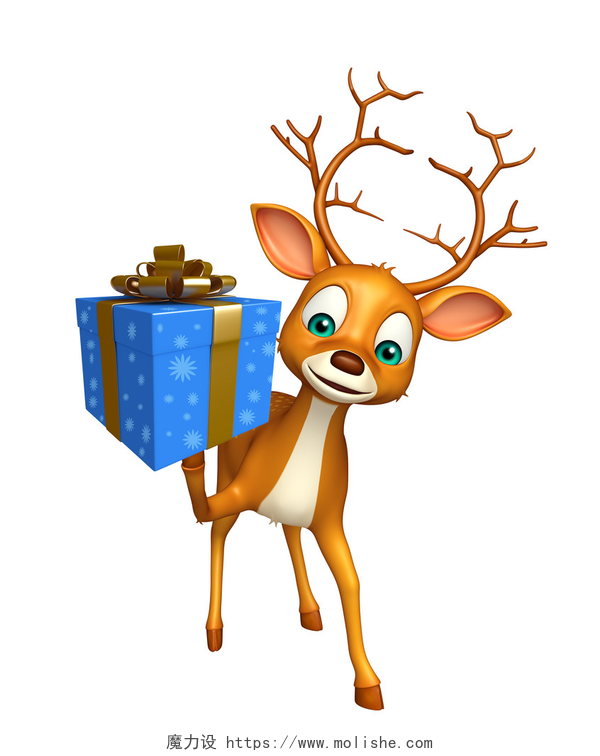 白色背景上拿礼物的小鹿3D渲染乐趣与礼品盒鹿卡通人物